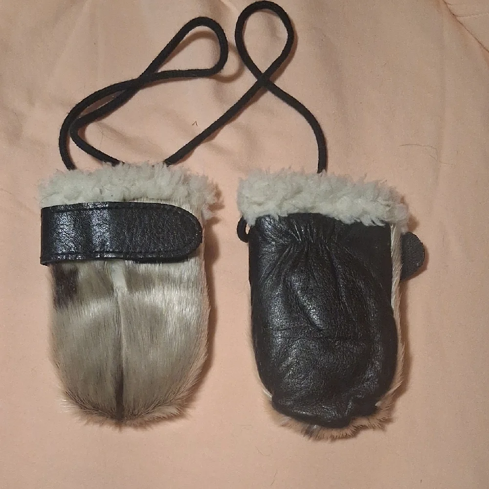 Faux Fur Hand Muffs with Leather Trim and Tie Strap - Beige